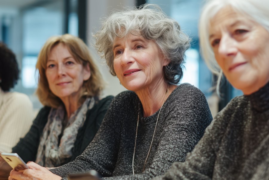 Drei Teilnehmerinnen hören aufmerksam zu. Sie halten alle ein Smartphone in der Hand